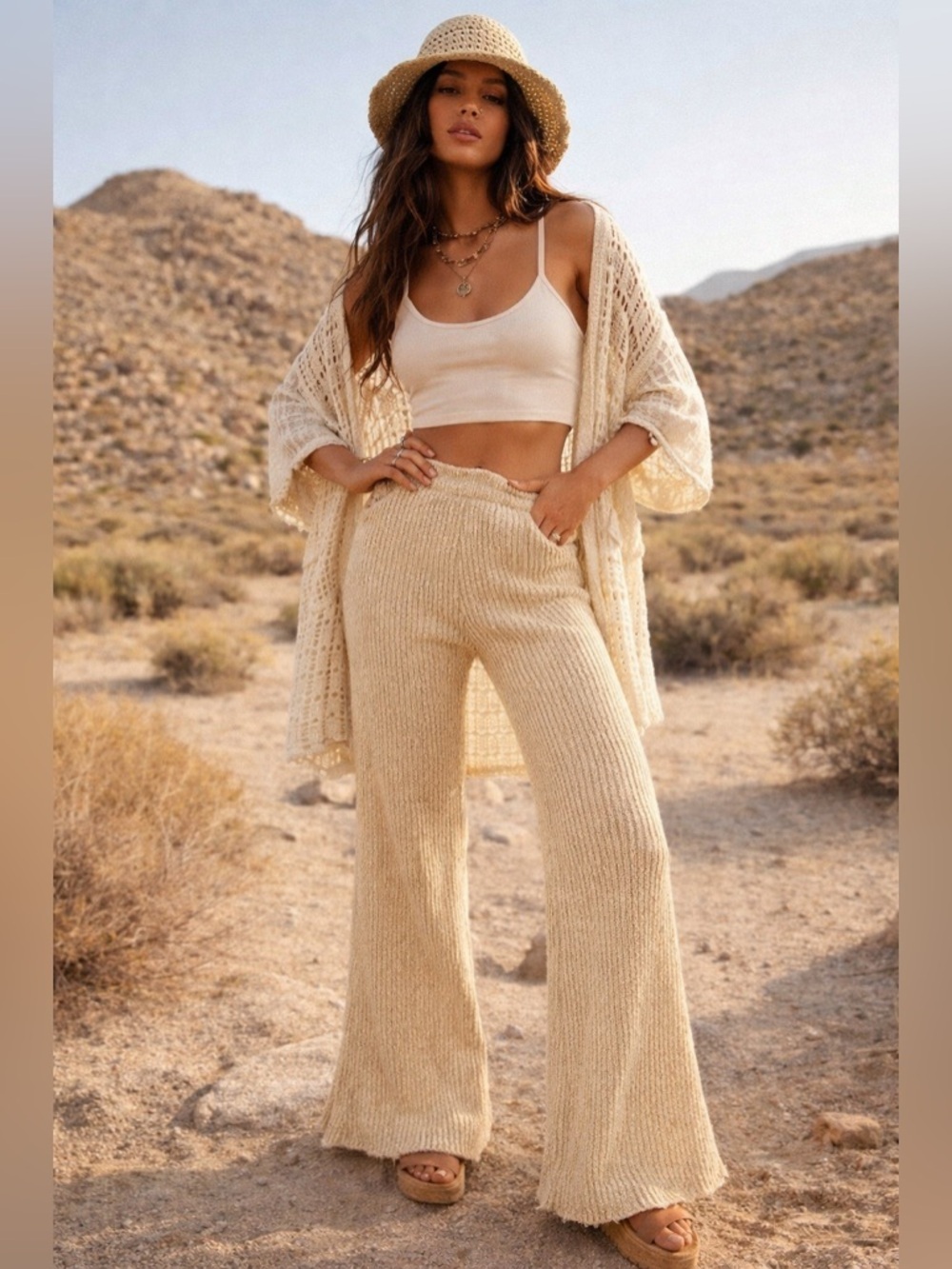 Free People Natural Cream Ribbed Wide-Leg Knit Pants